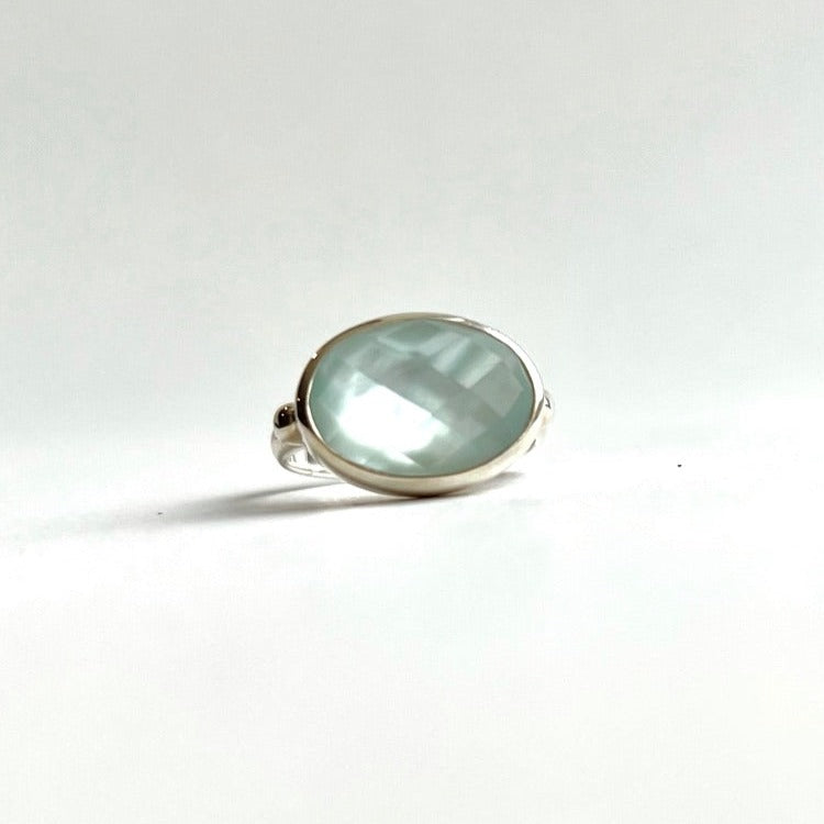 Sabine Ring East West Sky Blue Topaz doublet by Hannah Daye jewels