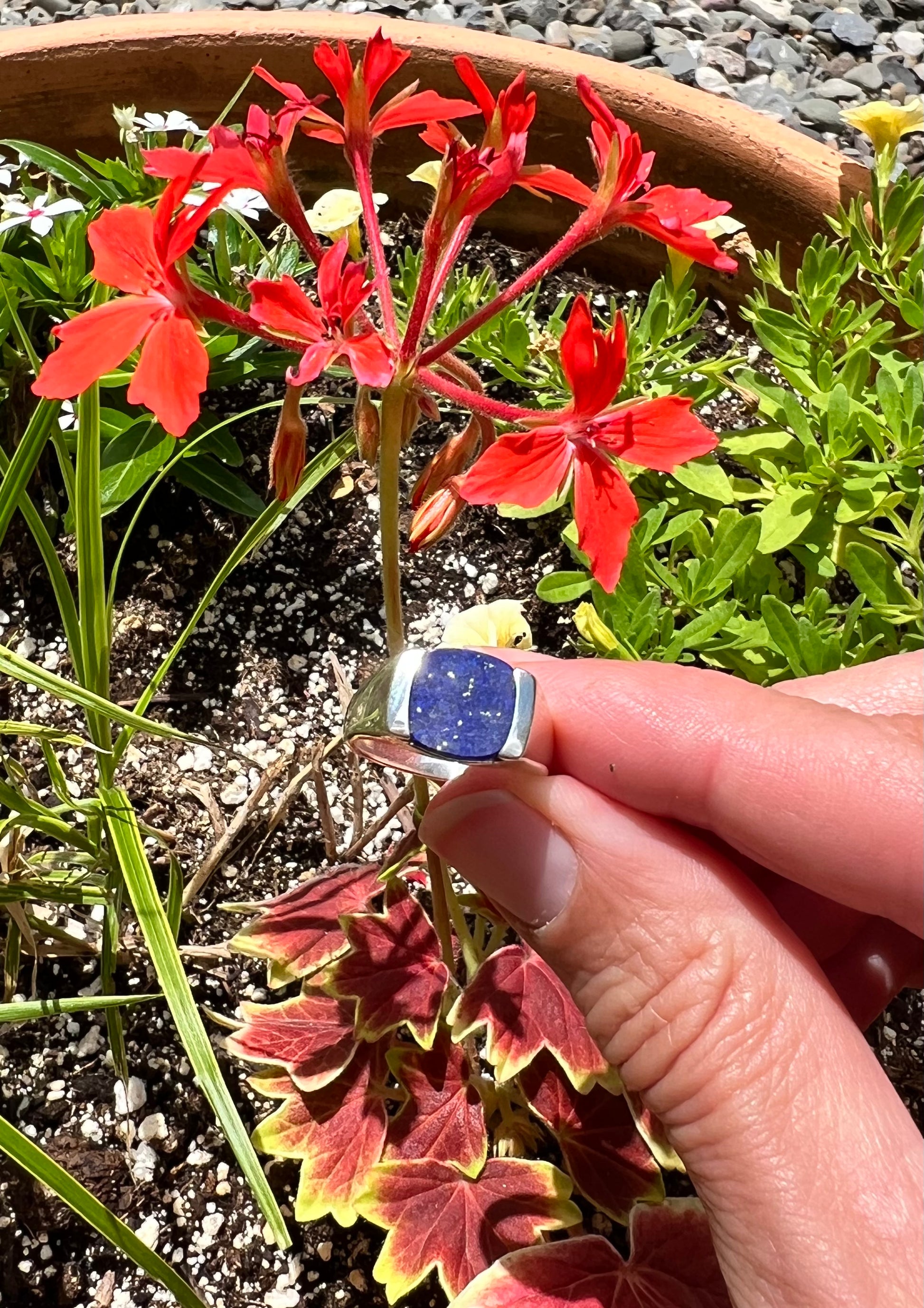 Milan Piccolo Ring in Lapis shown with flowers 