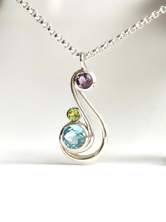 Aria Pendant sterling silver with Amethyst Peridot Blue Topaz original design hand crafted fine jewelry by Hannah Daye & Co birthstones