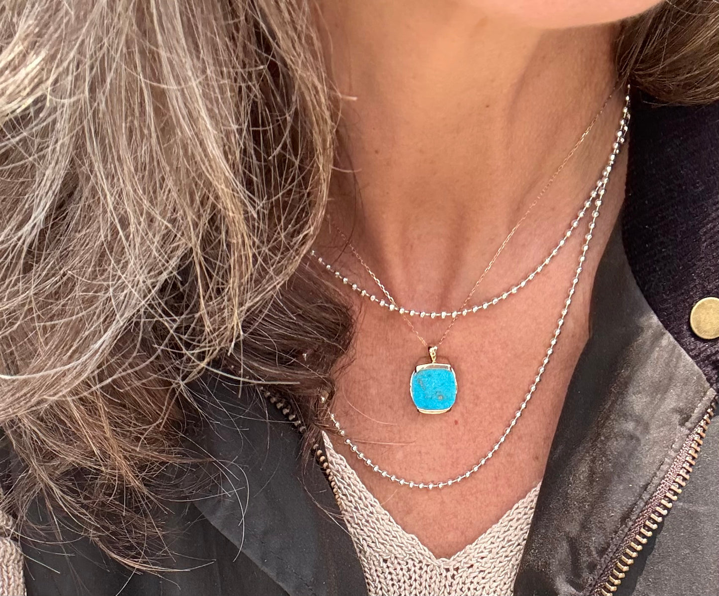 wearing Milan Pendant 14k yellow gold in Turquoise with Sterling Silver Bead Chain necklace all by Hannah Daye & Co original design