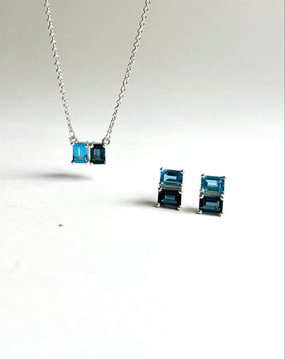 Swiss Blue Topaz & London Blue Topaz Lexington Earrings and Necklace shown together all by Hannah Daye & Co fine jewelry