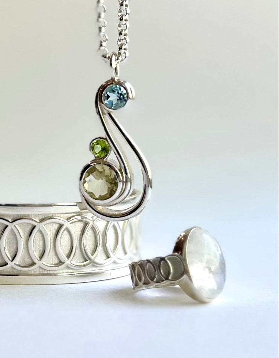 Aria pendant with Oslo Cufff and RIng in Moonstone all by Hannah Daye & Co fine jewelry original design hand-crafted