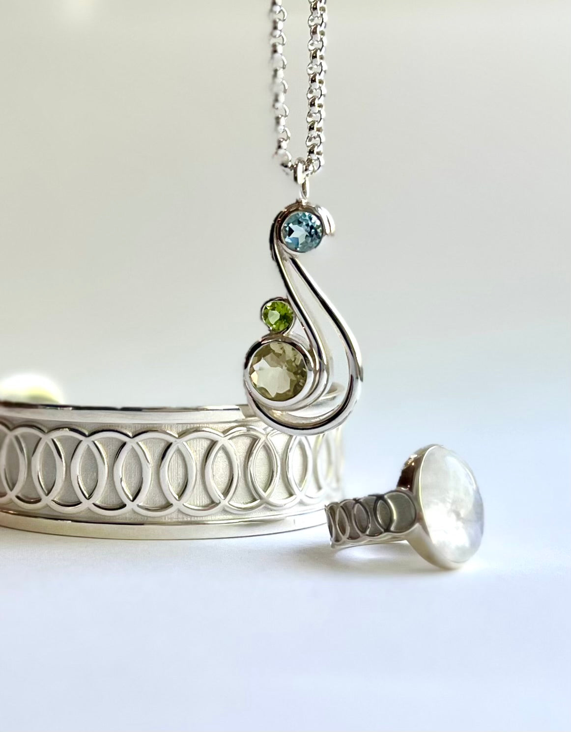 Aria pendant with Oslo Cufff and RIng in Moonstone all by Hannah Daye & Co fine jewelry original design hand-crafted