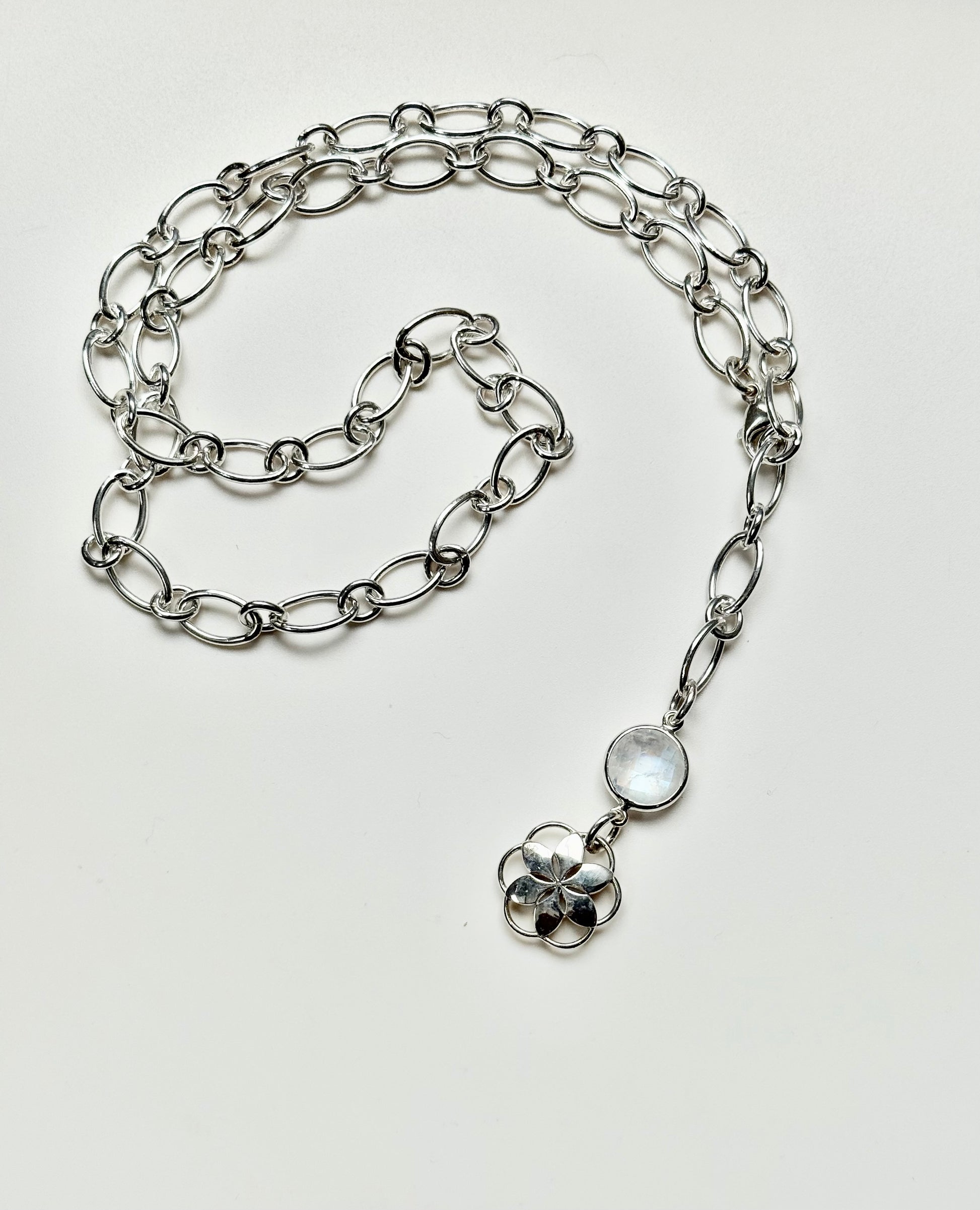 25" Cascade Rainbow Moonstone Lariat Necklace sterling silver by Hannah Daye