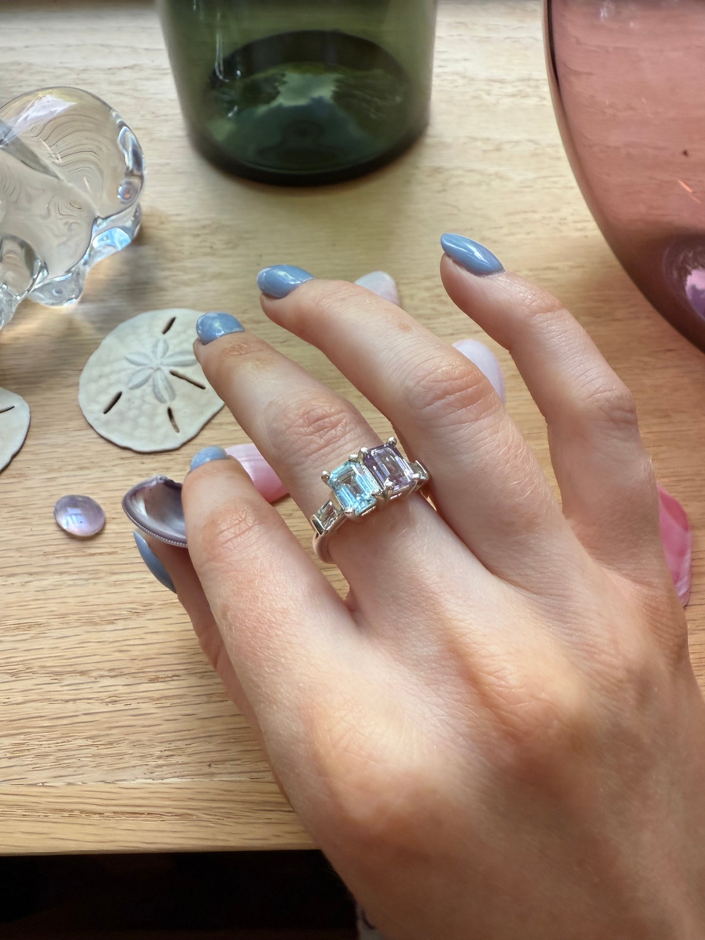 wearing Lexington Ring Pink Amethyst and Sky Blue Topaz by Hannah Daye jewels