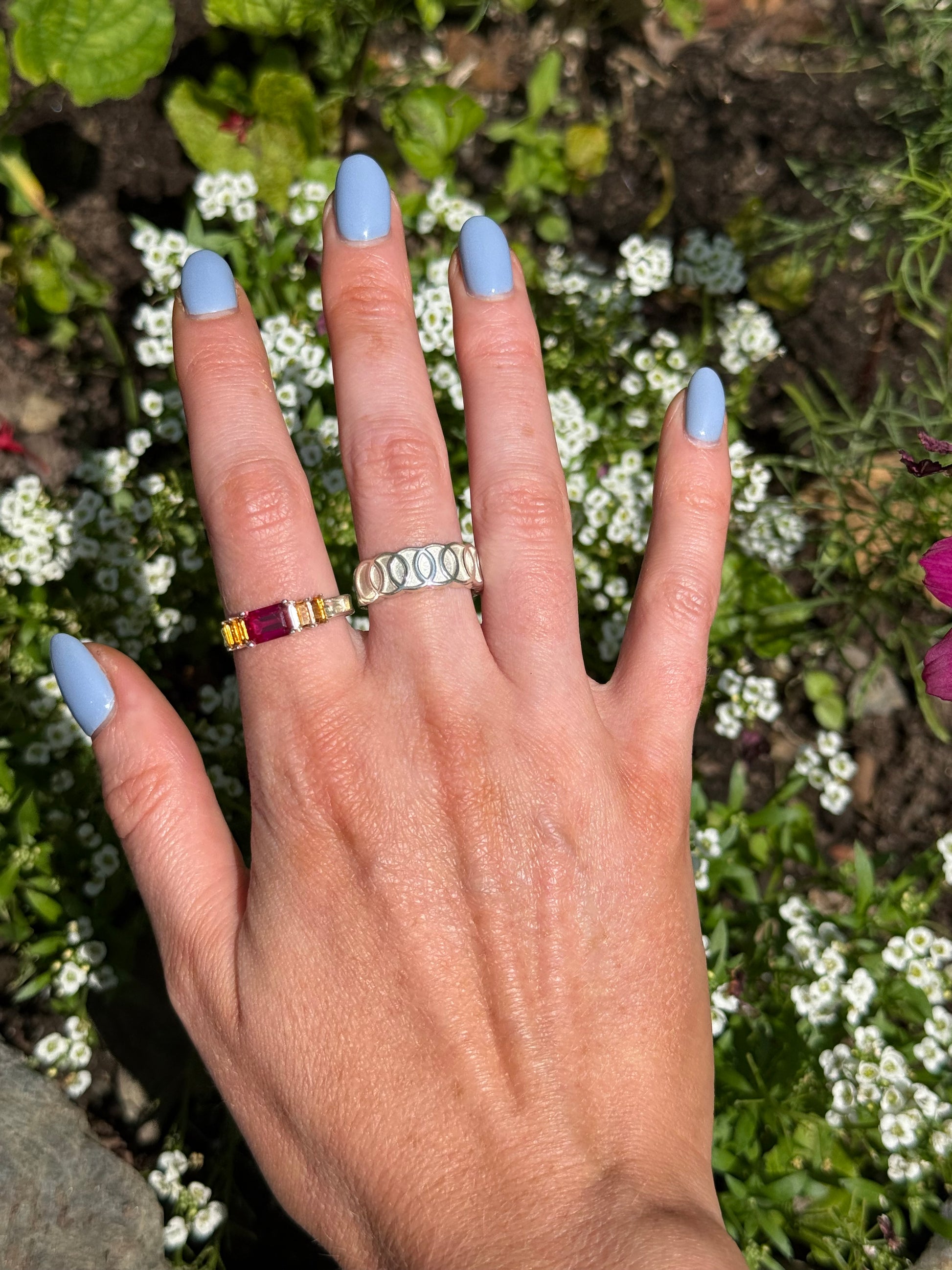 wearing Oslo Band Ring with Lexi Band RIng both by Hannah Daye fine jewels