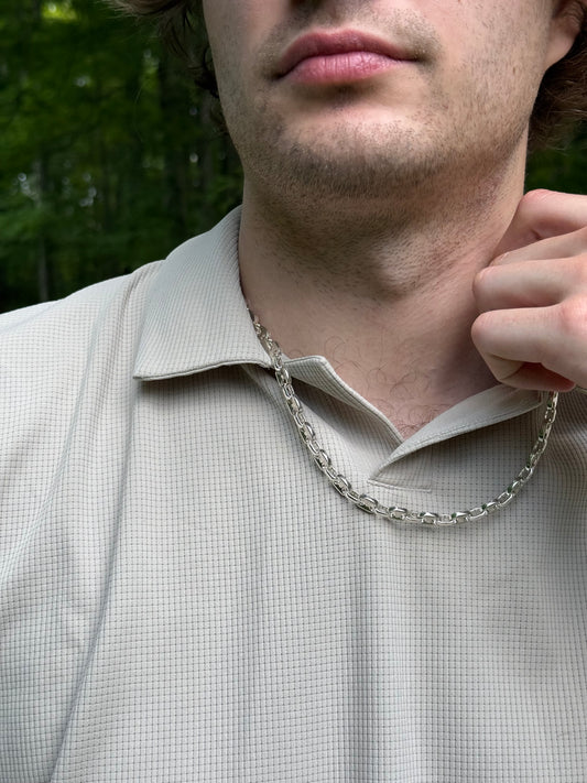wearing Mariner 22 Chain Necklace men's jewelry Hannah Daye