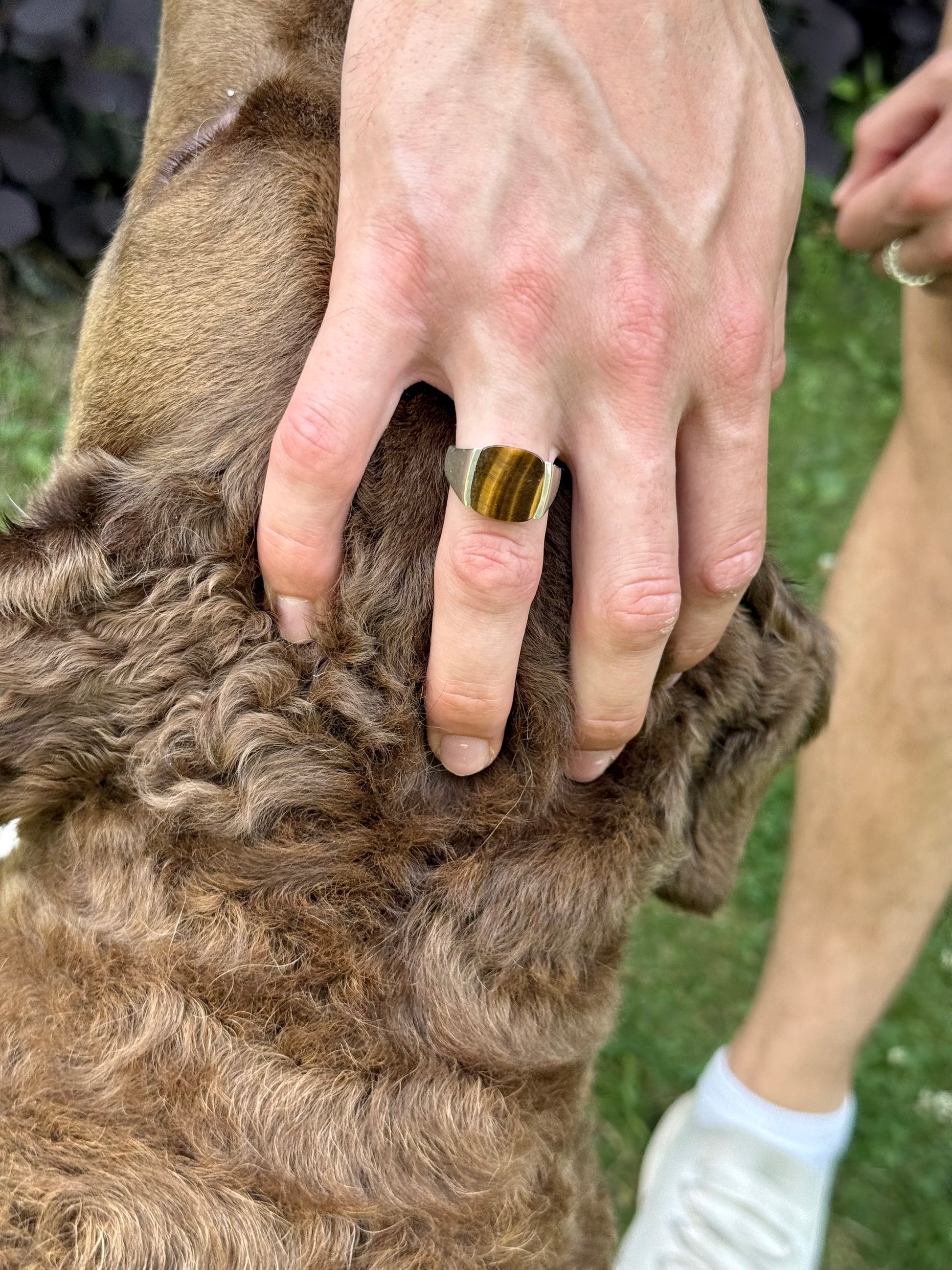 wearing Milan Ring Tiger Eye Sterling Silver by Hannah Daye mens jewelry