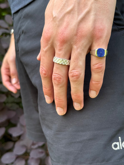 wearing Oslo Band Ring with Milan Piccolo Lapis RIng Sterling Silver mens jewelry Hannah Daye & Co
