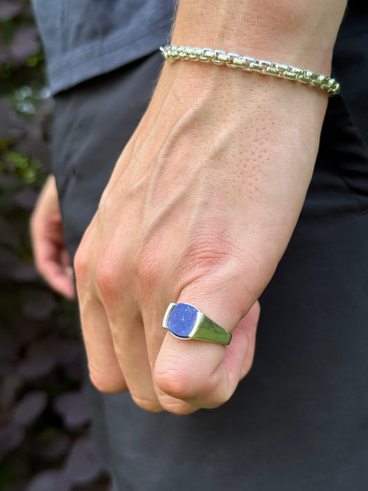wearing Milan Piccolo Ring Lapis Sterling Silver mens jewelry Hannah Daye