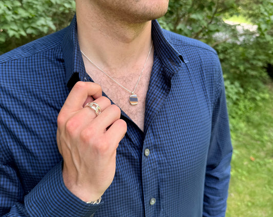 wearing Milan Tiger Eye Pendant with Bordillo Ring mens jewelry Hannah Daye