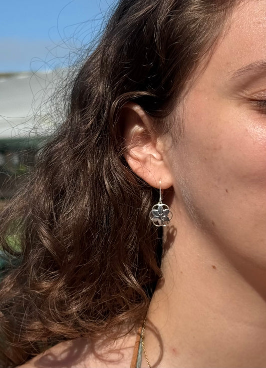 wearing Rosette Piccolo Drop Earrings Sterling Silver Hannah Daye original designs