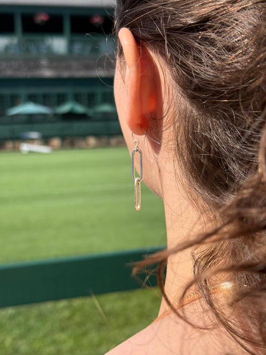 wearing Paper-Clip Sterling Silver Dangle Earrings by Hannah Daye