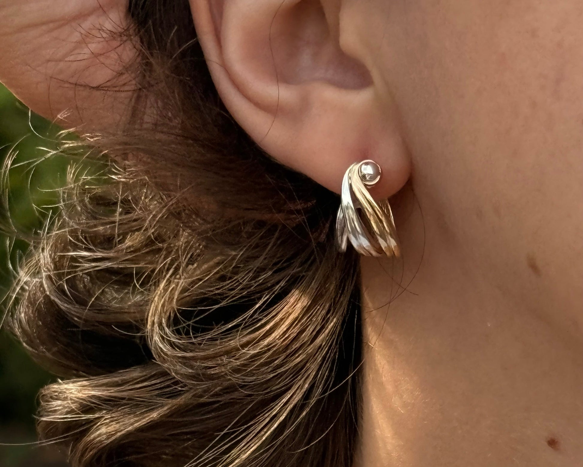 two-tone Aria earrings in 14k yellow gold and sterling silver by Hannah Daye & Co fine jewelry artisan made original design