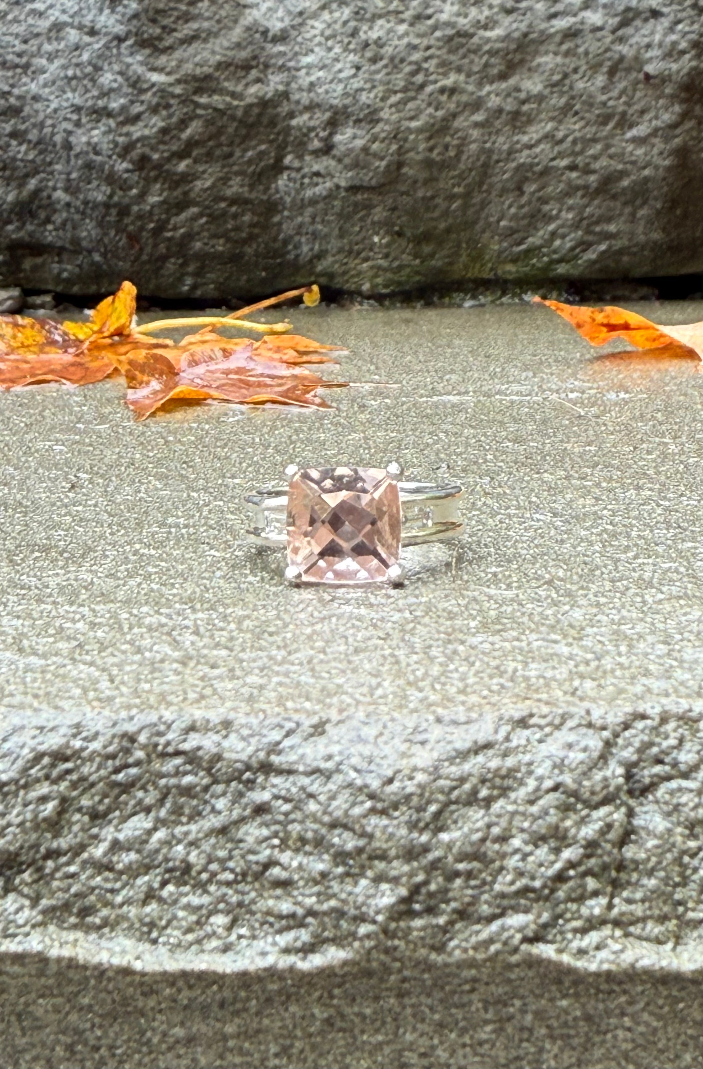 Cushion Morganite and LG Diamond RIng by Hannah Daye