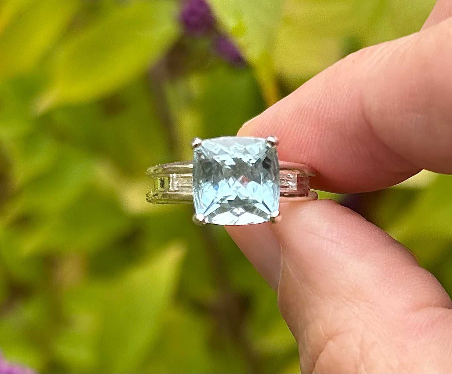 original design artisan crafted one-of-a-kind natural aquamarine and LG diamond Ring Streling Silver by Hannah Daye fine jewelry