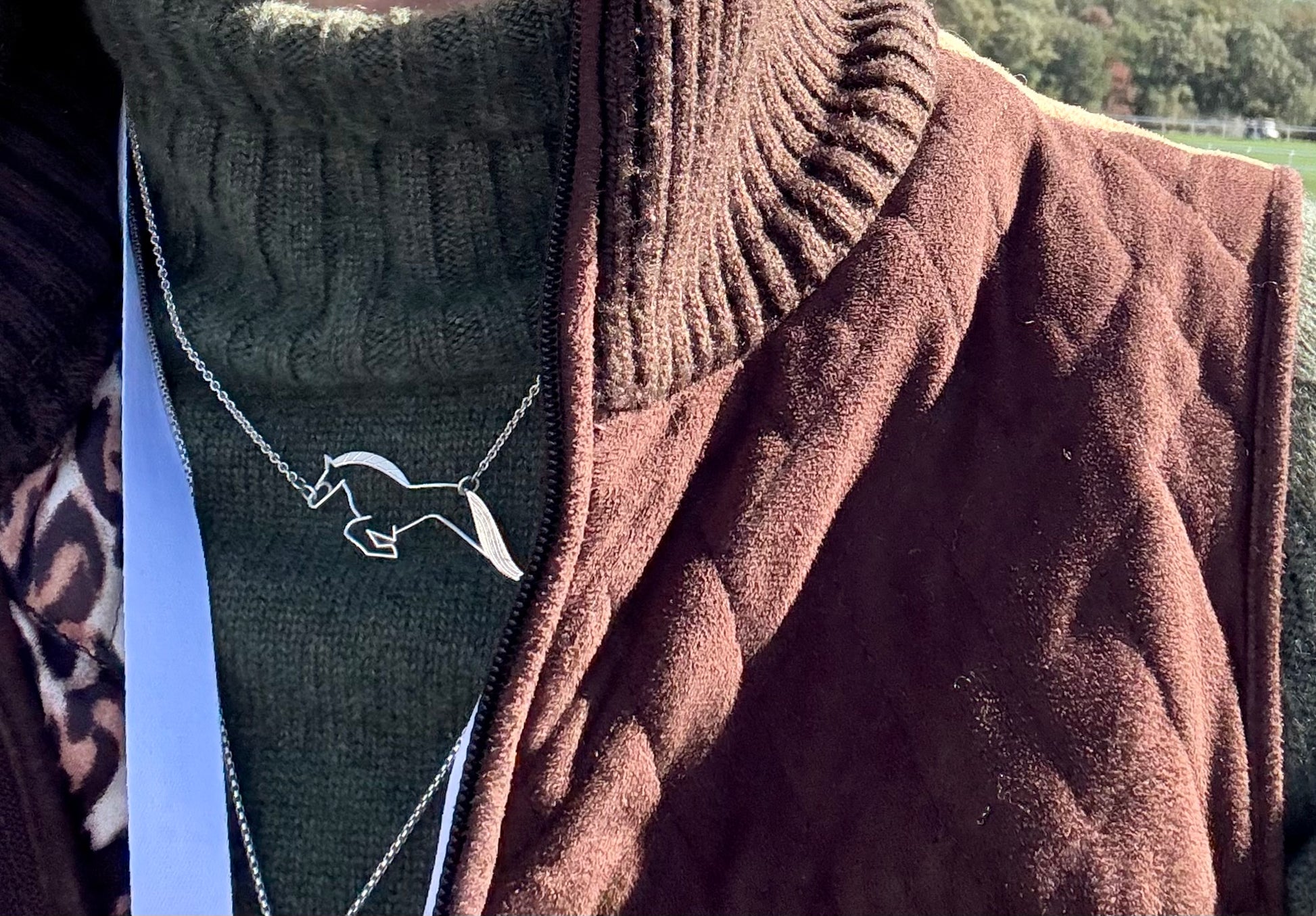 Wearing Hannah Daye Five Star Equestrian Horse Charm Necklace Sterling Silver original design