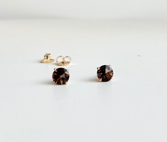 Smoky Quartz 14k yellow gold earrings studs by Hannah Daye original design artisan crafted