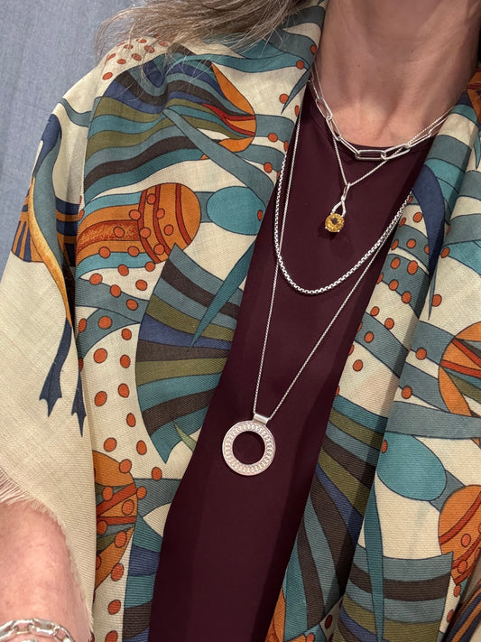 wearing Oslo Pendant layered with Citrine Brillante Pendant and Paper-clip necklace and venetian medio necklace all by Hannah Daye & Co sterling silver