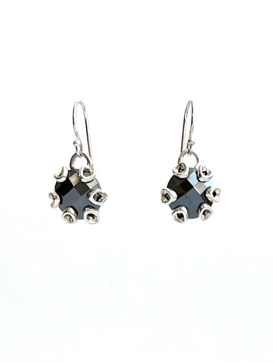 Sterling Silver Hematite Poppy Earrings by Hannah Daye original design black dangle drops