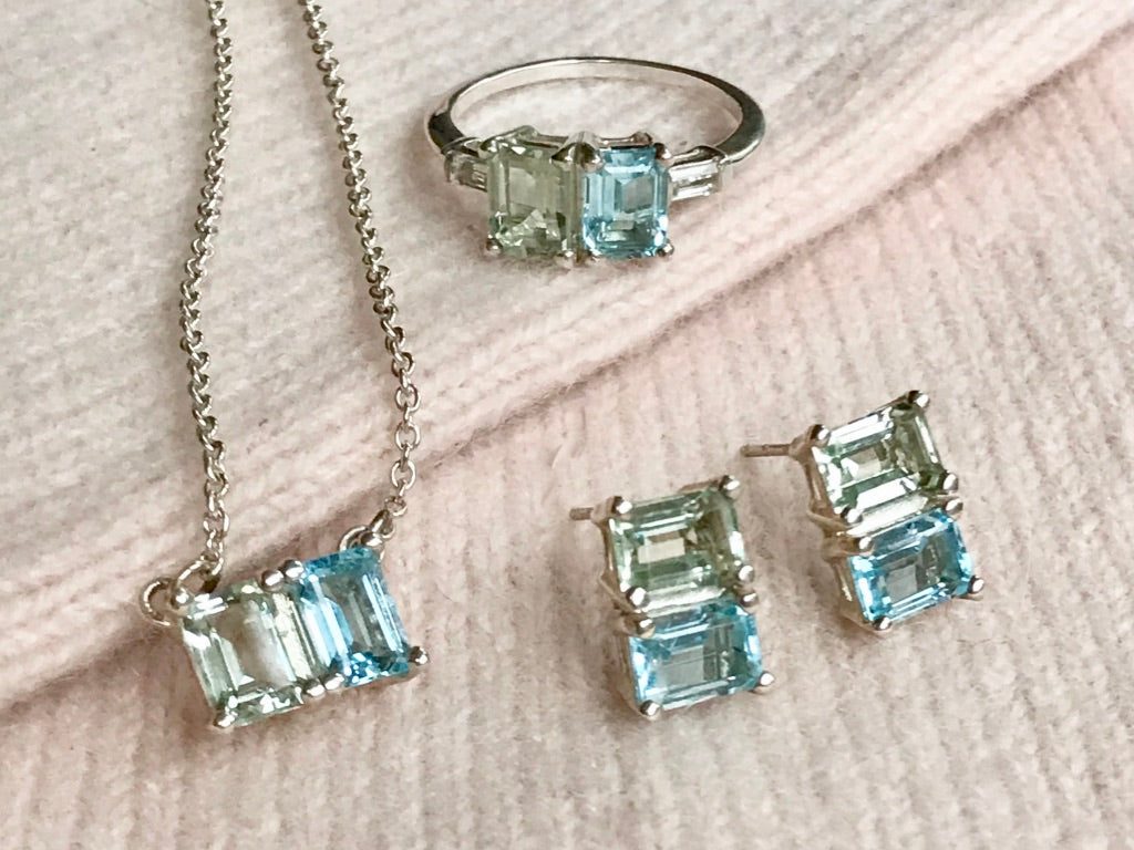 Lexington jewelry set by Hannah Daye in Mint Quartz Sky Blue Topaz sterling silver ring necklace earrings