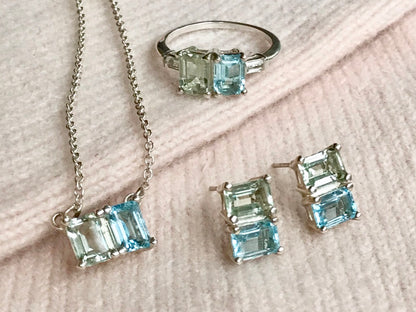 Lexington jewelry set by Hannah Daye in Mint Quartz Sky Blue Topaz sterling silver ring necklace earrings