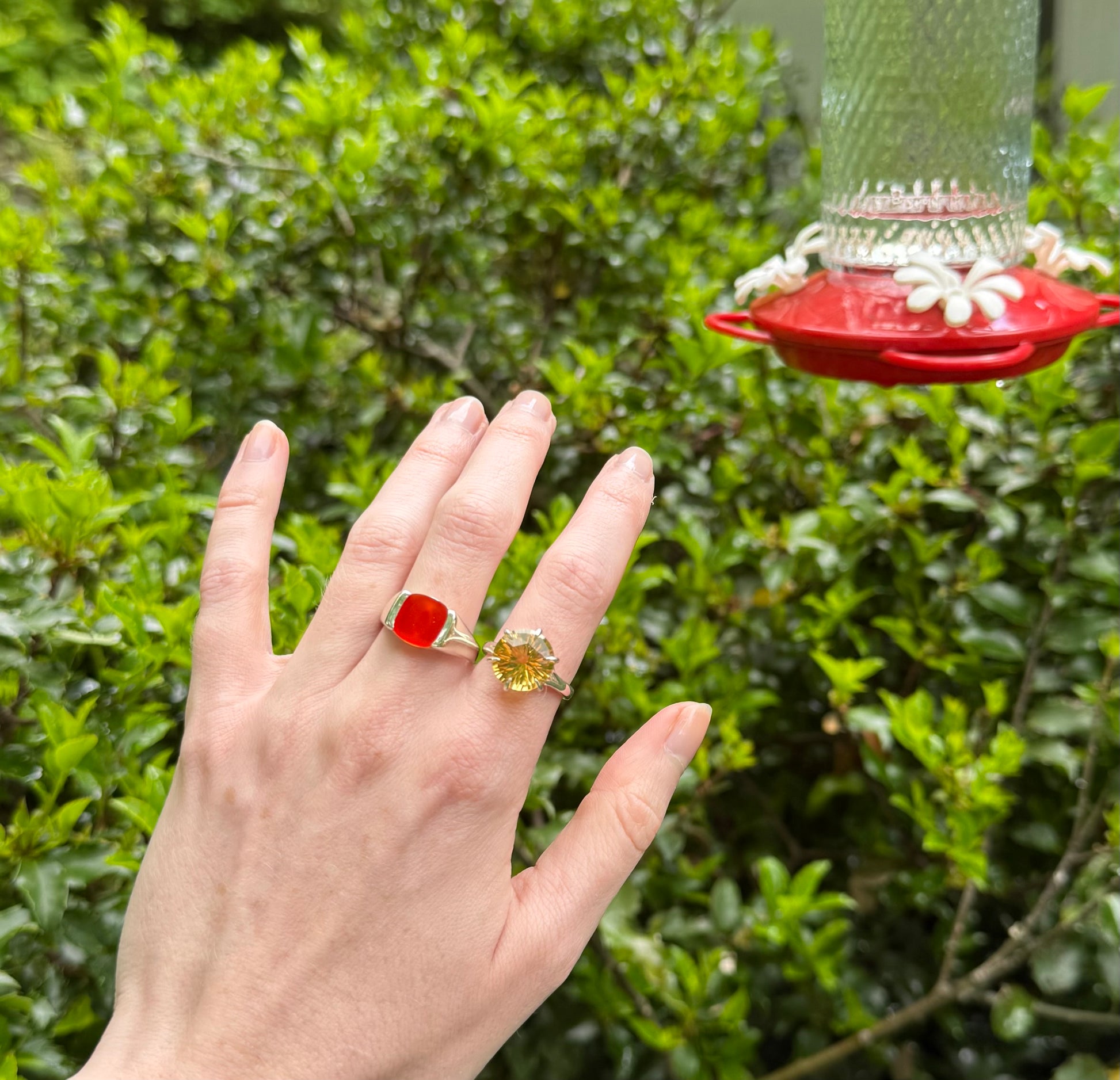 Hand wearing two rings with a hummingbird feeder in the background
