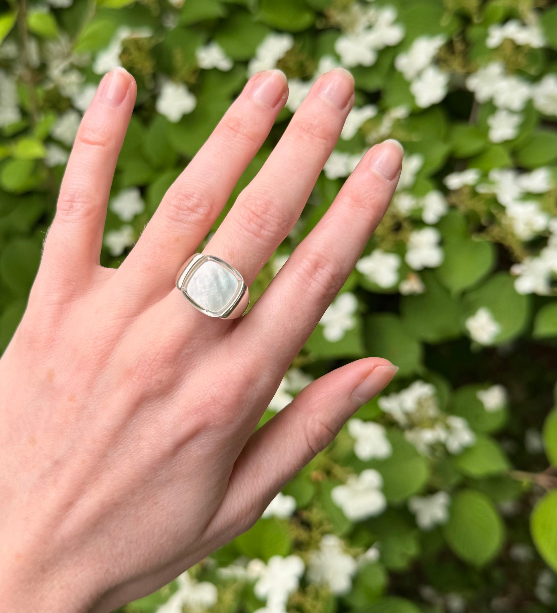Hand wearing a silver ring with a large mother of pearl stone, against a green leafy background.