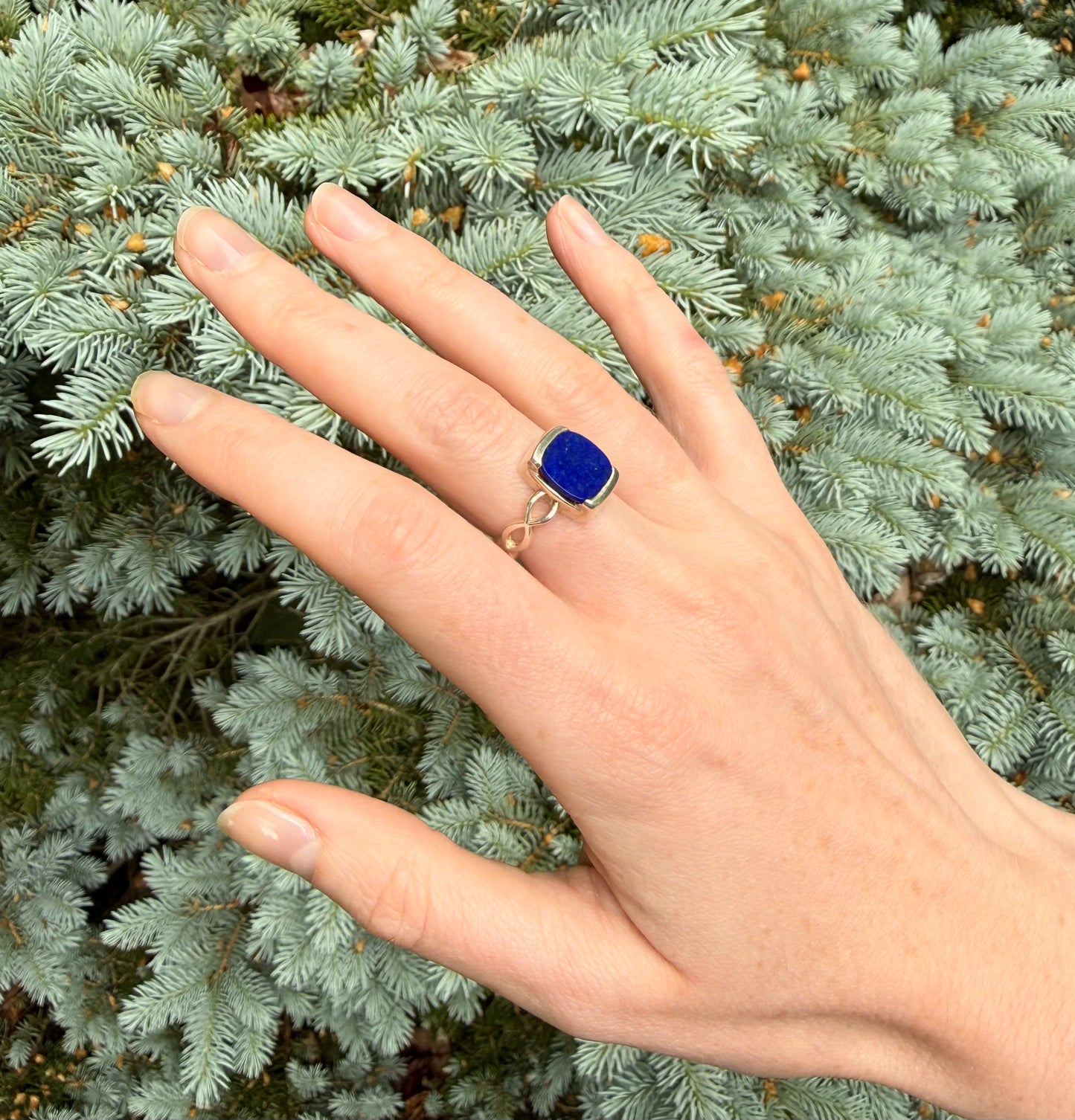 Hand wearing a blue ring with a green leafy background