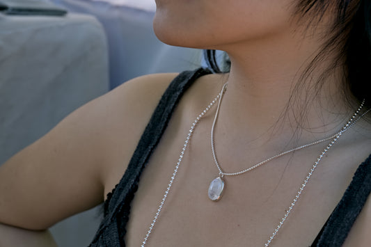 Oslo Bezel Pendant rainbow moonstone sterling silver artisan-made Hannah Daye & Co