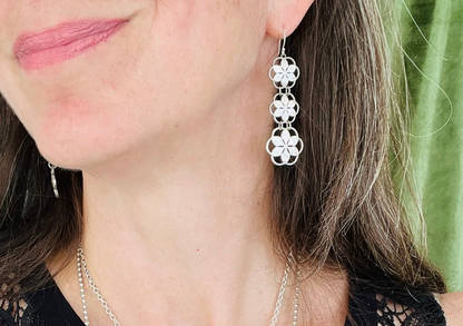 closeup wearing dangle rosette earrings