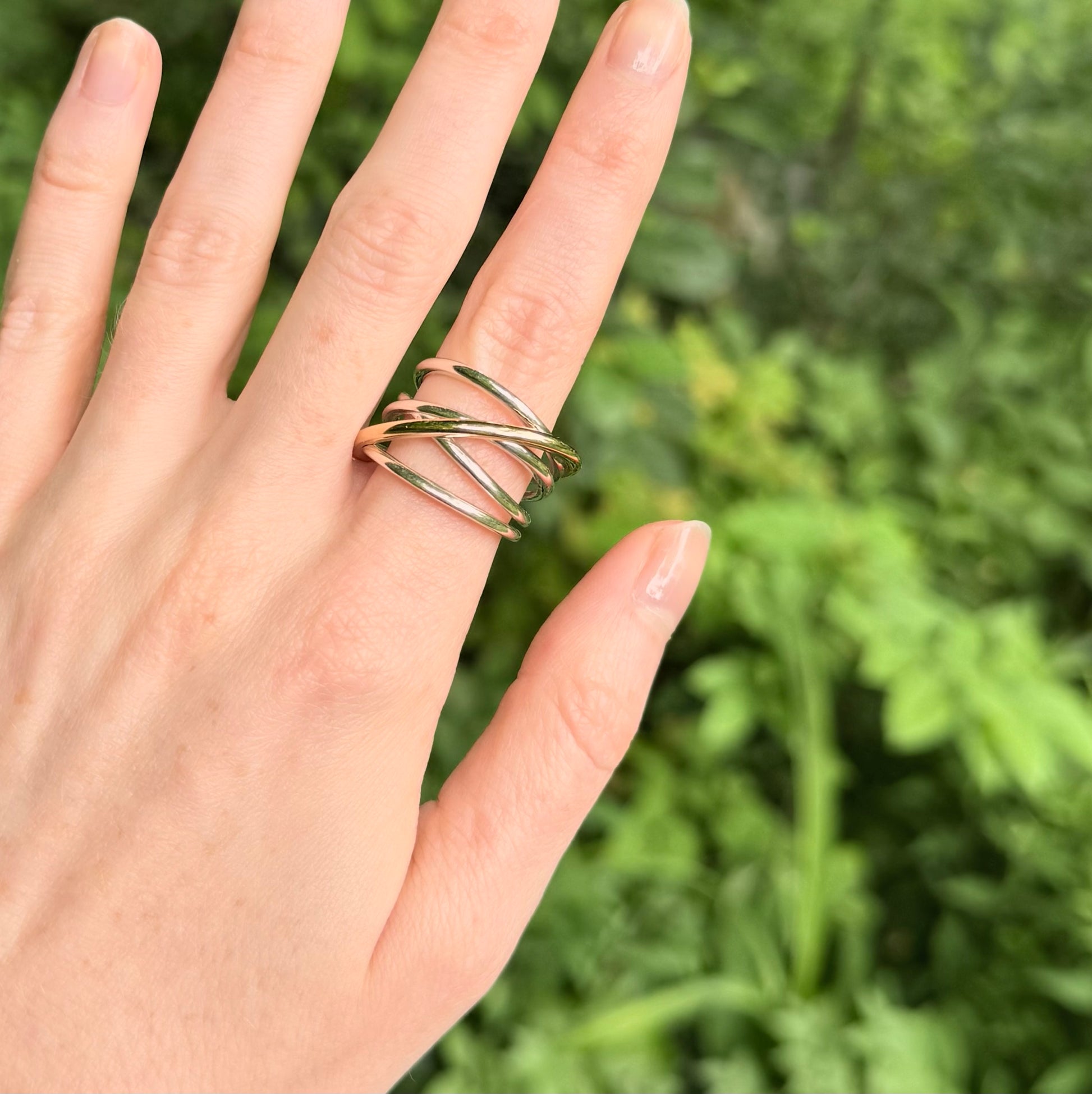 Hand wearing a silver and gold ring with a green blurred background