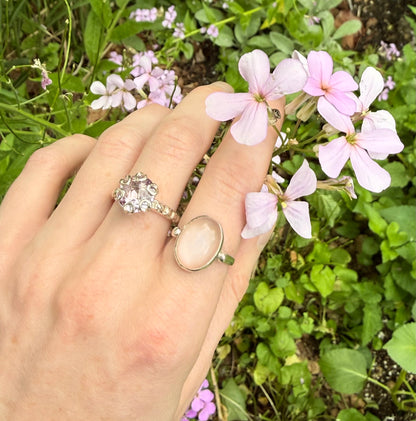 Hand wearing two rings with pink flowers in the background