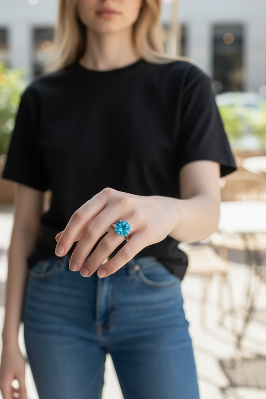 wearing Brillante Cocktail Swiss Blue Topaz Ring