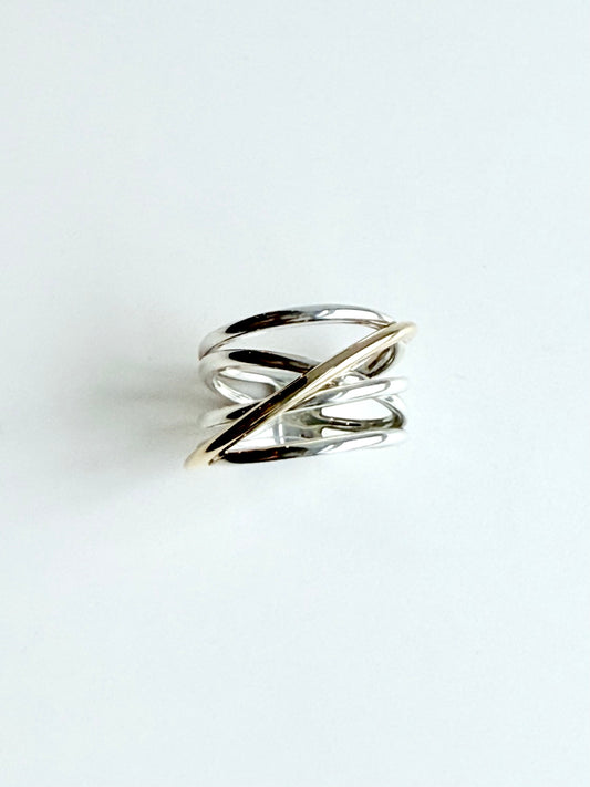 A minimalist two-tone ring with silver and gold bands, photographed on a clean white background.