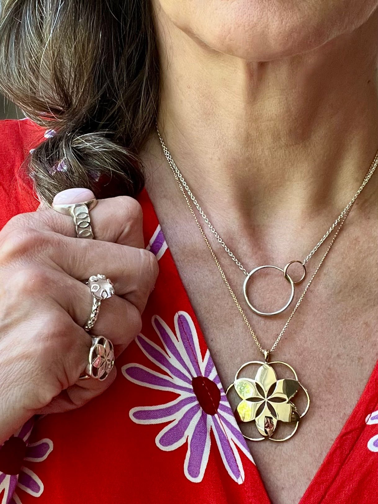 Saturn Necklace - 14k Yellow Gold + Sterling Silver - Hannah Daye & Company