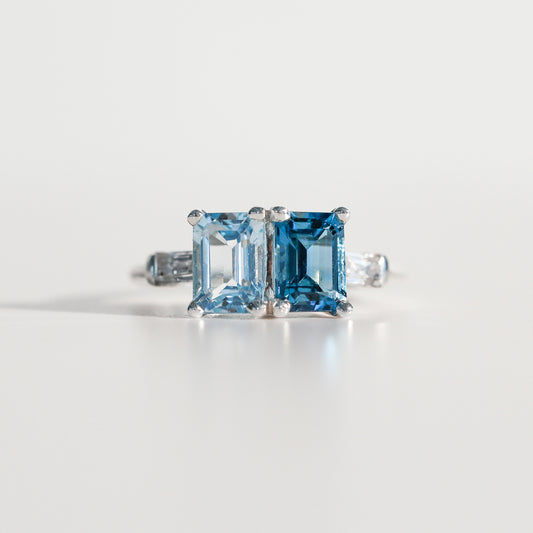 Lexington Ring emerald-cut London Blue Topaz and Sky Blue Topaz and White Topaz baguettes in sterling silver