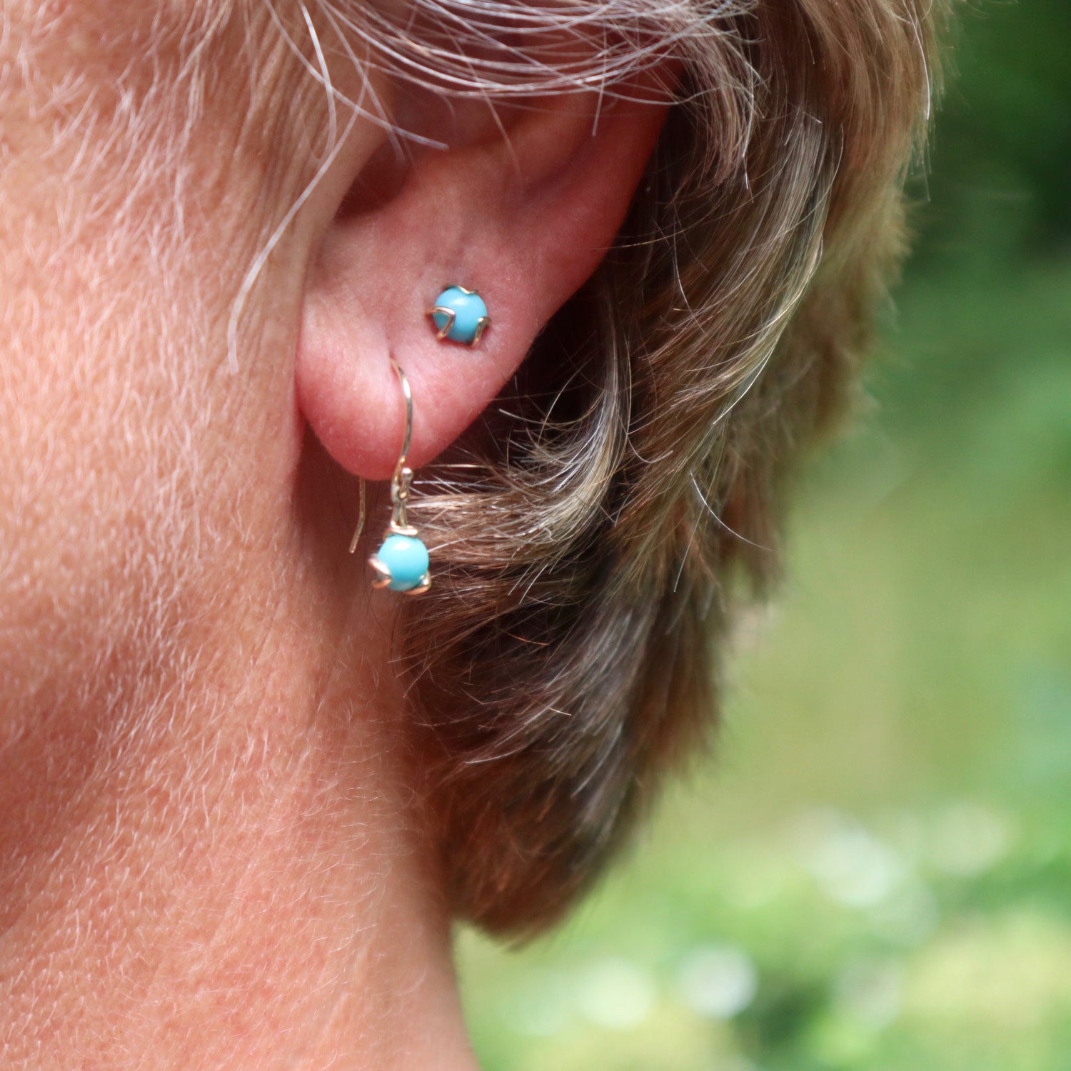 Wearing FIore Studs and Drops in 14k gold Turquoise Hannah Daye & Co