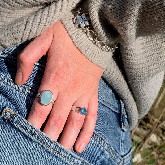 Brillante Swiss Blue Topaz Ring shown on ring finger with Sabine NS Aqua Ring shown on first finger Hannah Daye & Co