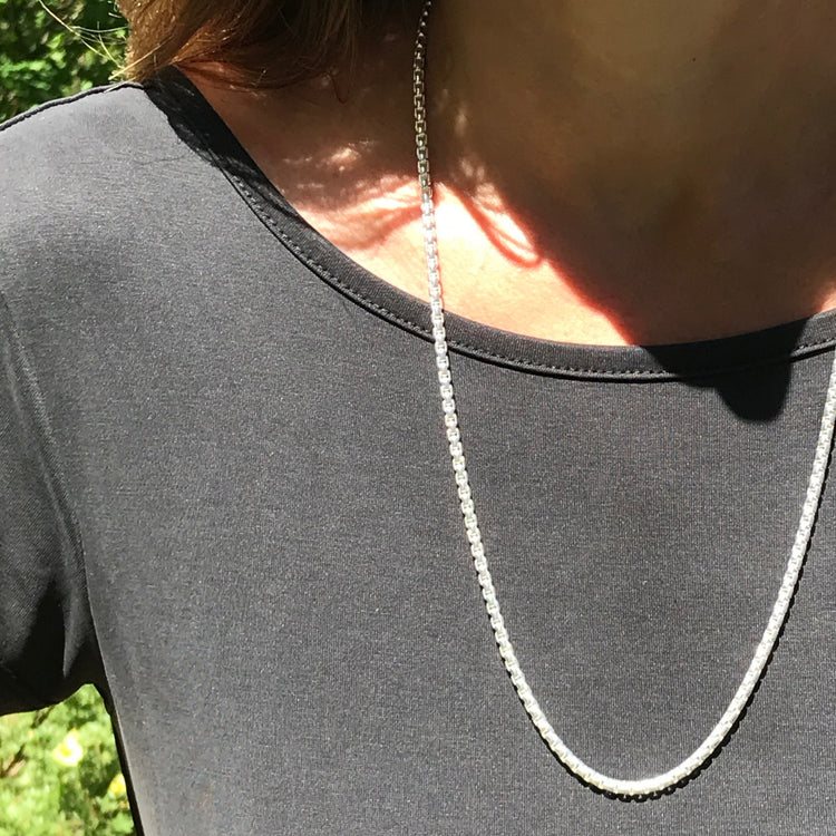 Venetian necklace 26" on model black dress Hannah Daye & Co