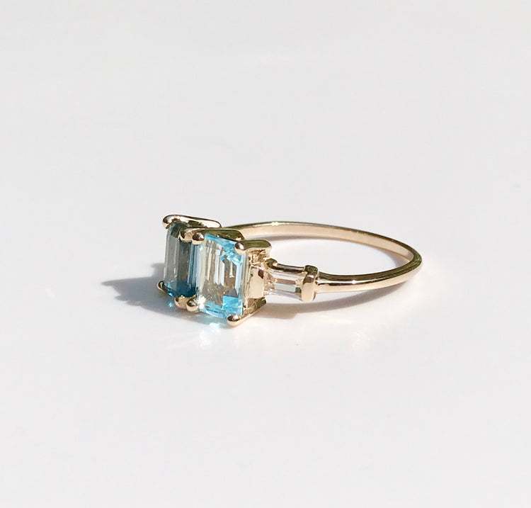Lexington Ring in 14k gold side view London and Sky Blue Topaz by hannah Daye & Co