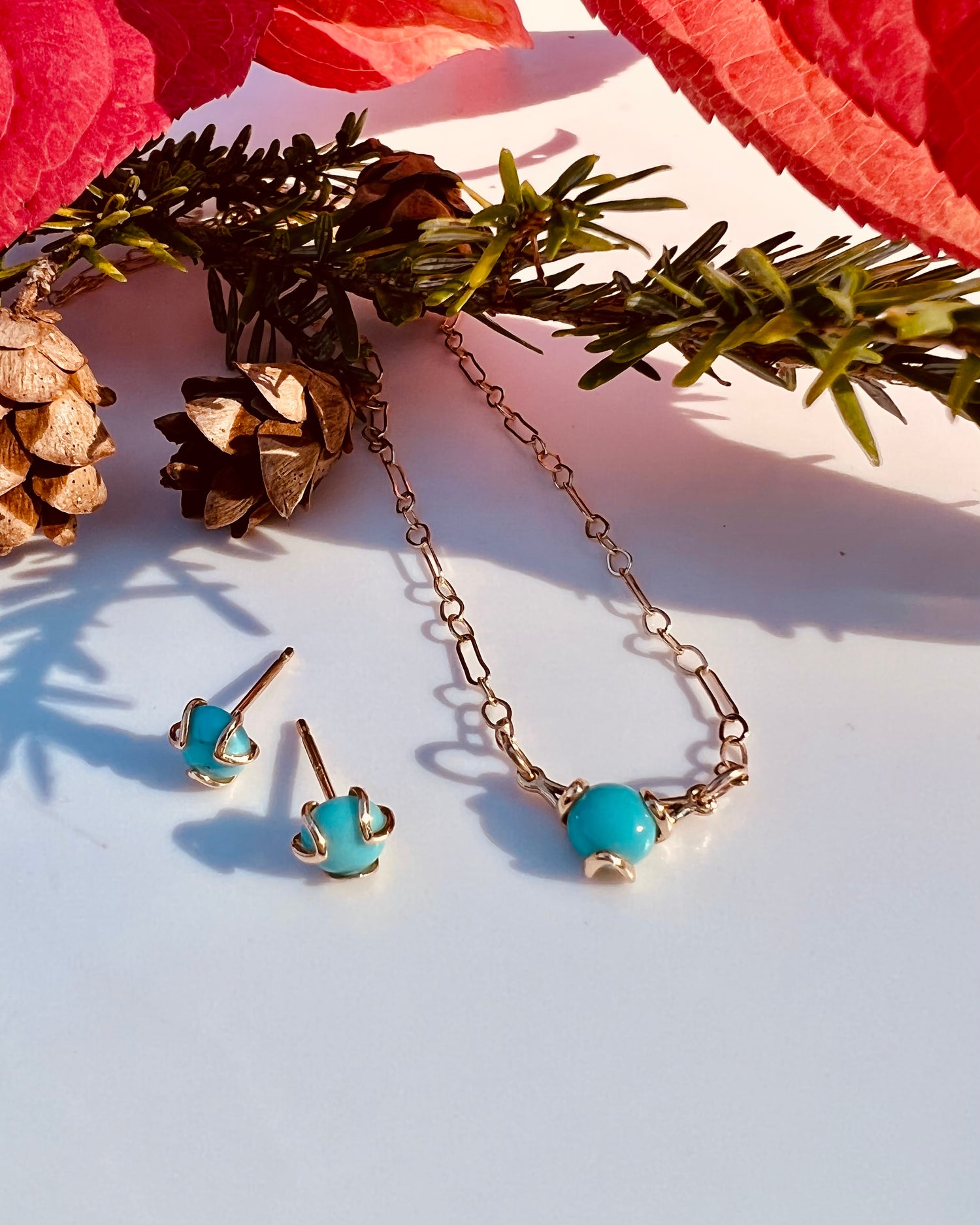 Turquoise Fiore Necklace shown with Earrings in 14k gold by Hannah Daye & Co