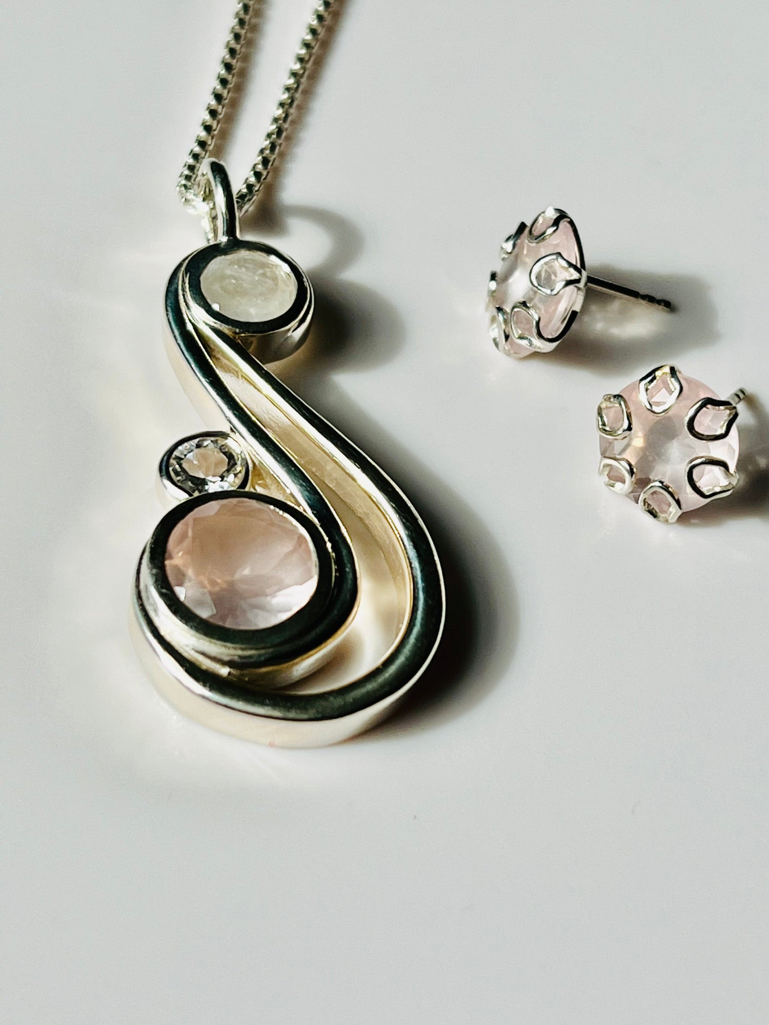 Aria pendant Blush paired with Poppy Earrings in Rose Quartz all by Hannah Daye & Co