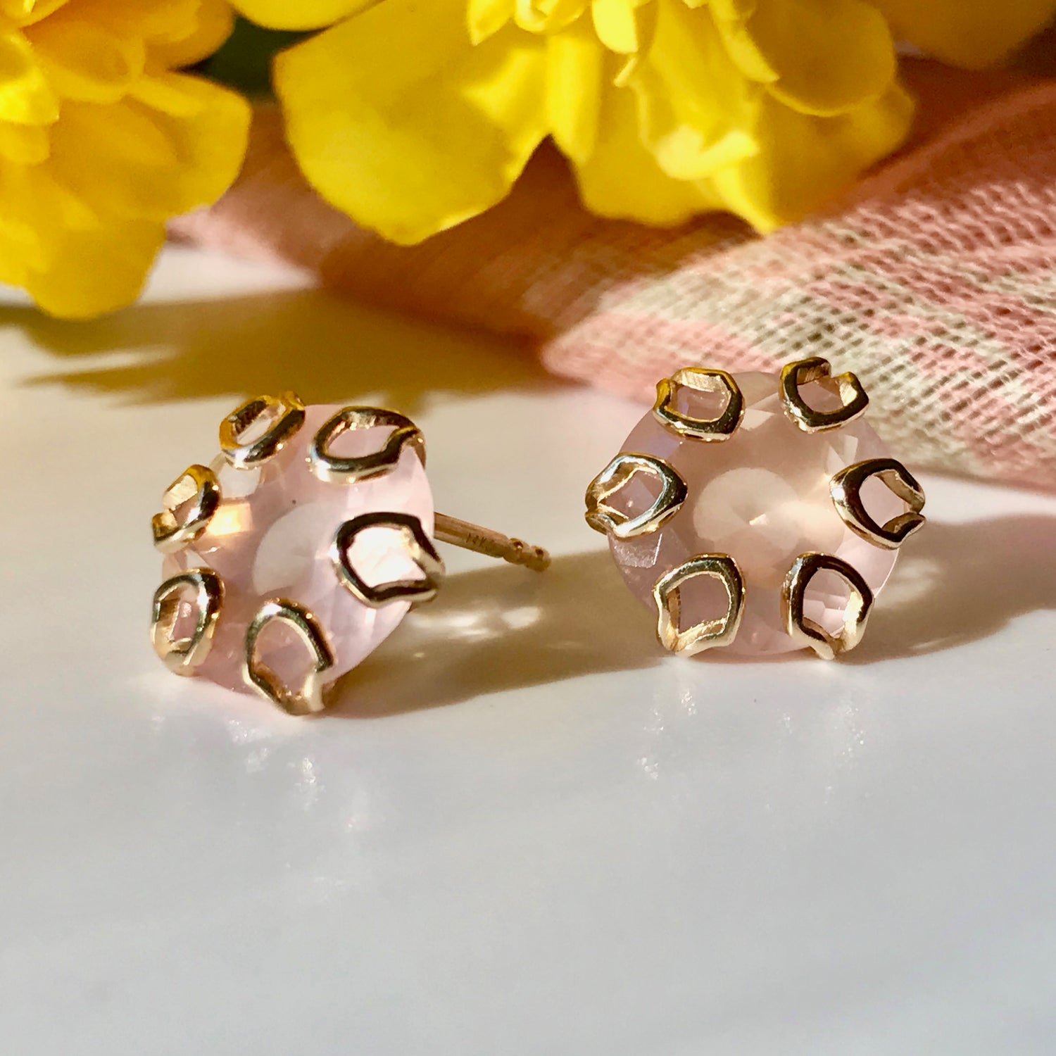 Rose Quartz Poppy Earrings in 14k yellow gold with marigold flower Hannah Daye & Co