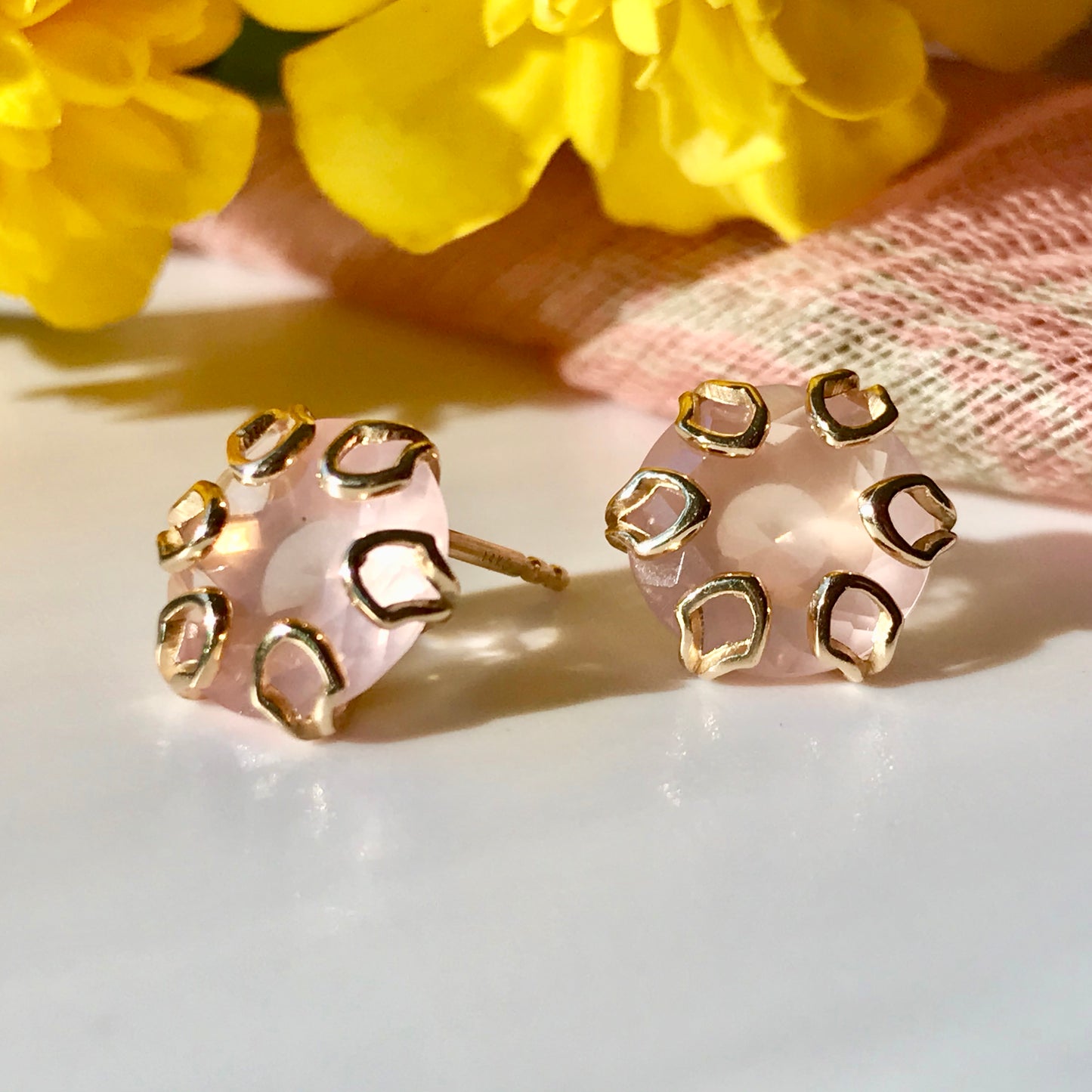 Poppy Earrings in Rose Quartz in 14k yellow gold by Hannah Daye & Co