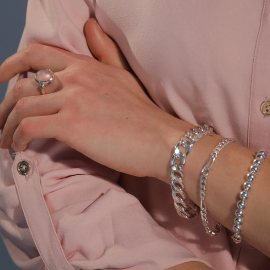 Bordillow Figaro and Bead silver bracelets with Sabine Ring North South Rose Quartz Hannah Daye & Company