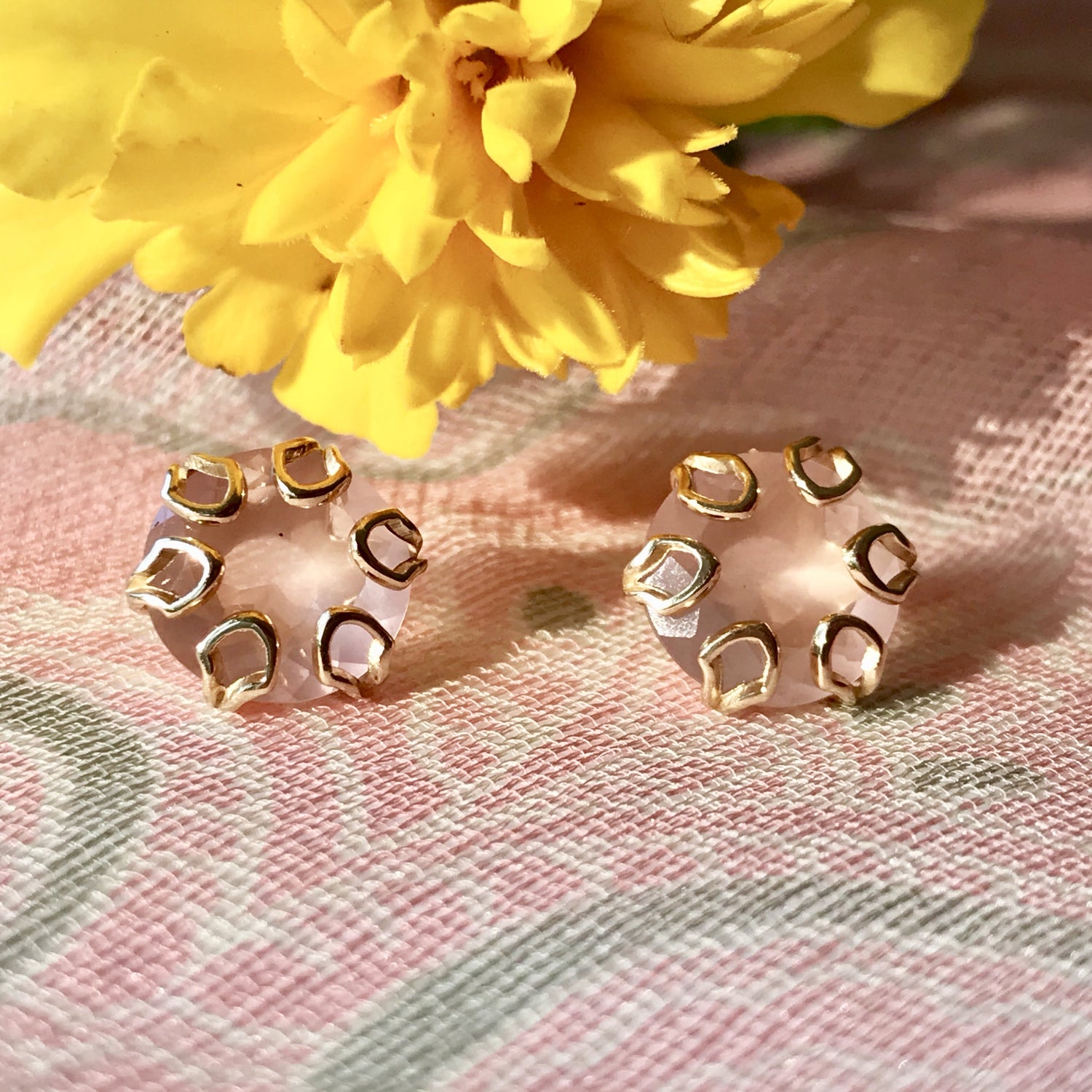 Poppy 14k gold earrings rose quartz Hannah Daye & Co