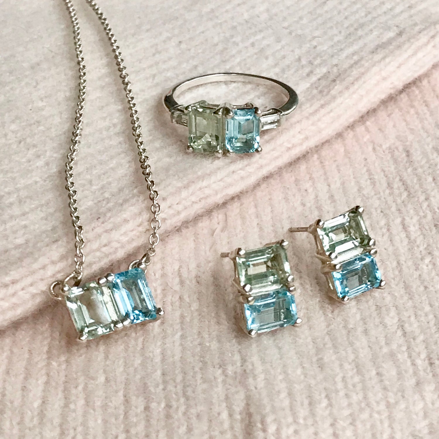 Lexington Earrings Ring and Necklace in Sky Blue Topaz and Mint Quartz Hannah Daye & Co
