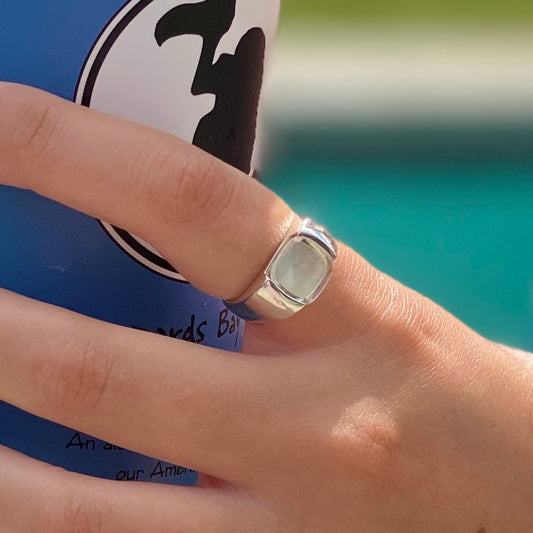 Milan Small Signet Ring White Mother of Pearl Doublet on First Finger Hannah Daye & Co
